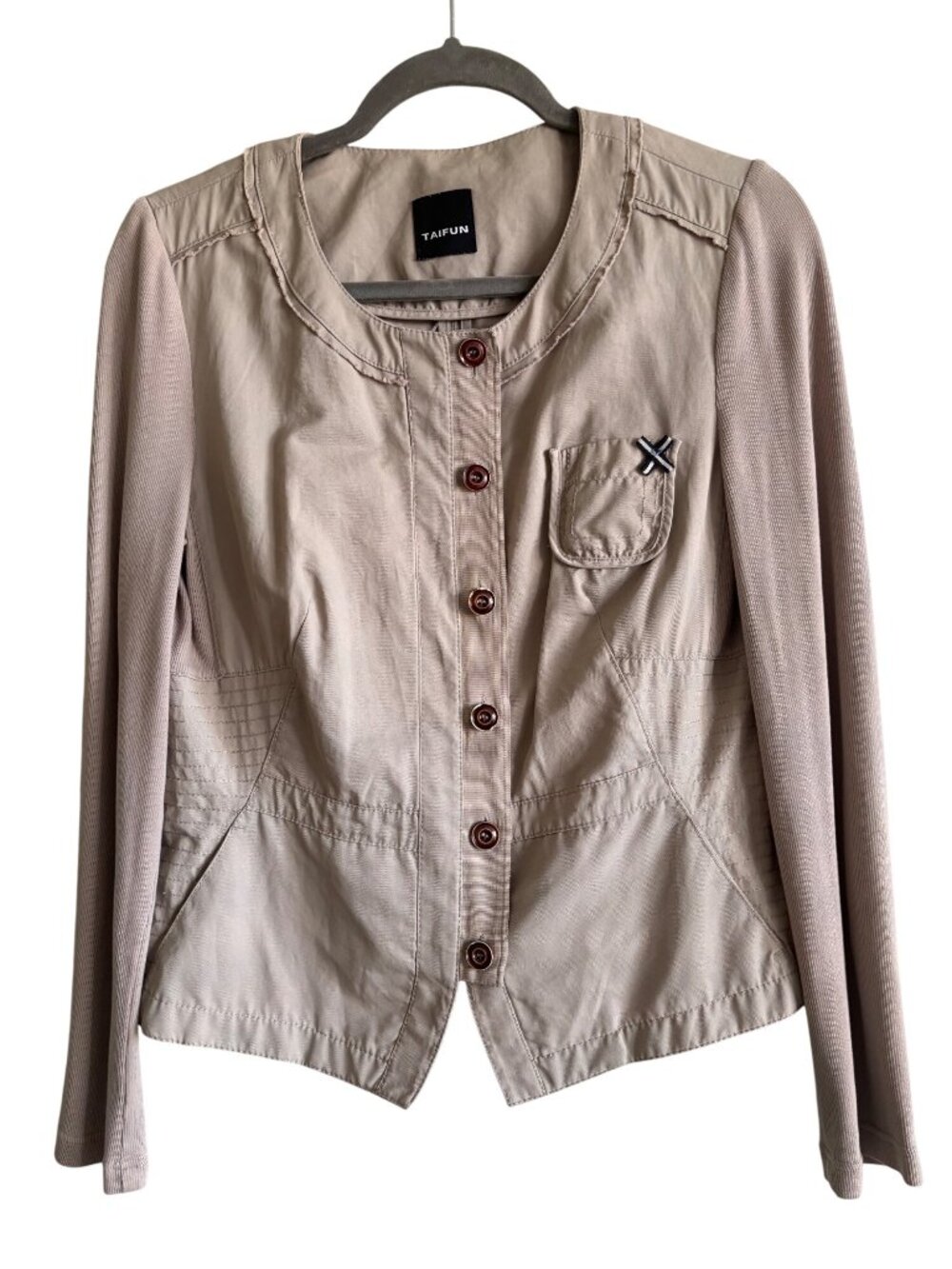 Vintage Taifun Beige Button-Front Military Jacket Pocket Detail & Peplum Hem  S